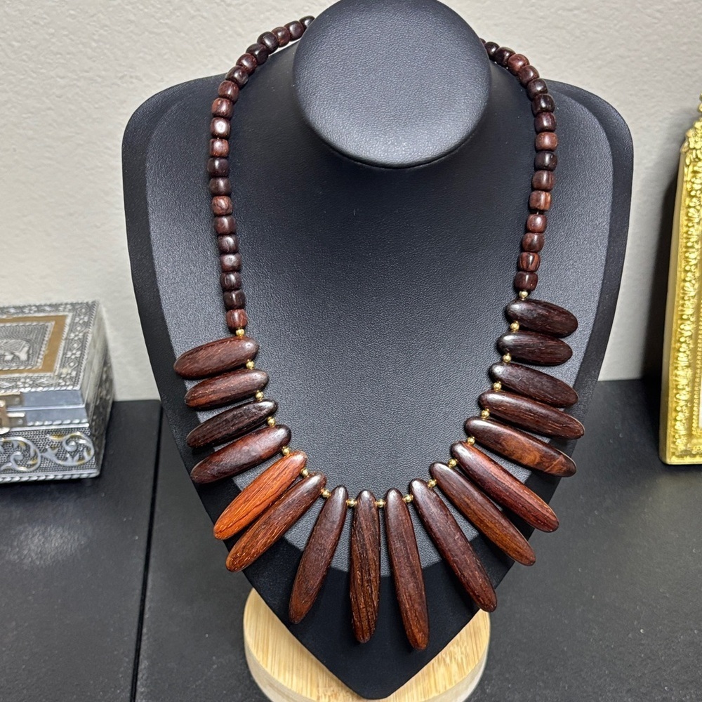 Boho Wooden Statement Necklace Brown Tribal Bib Lightweight